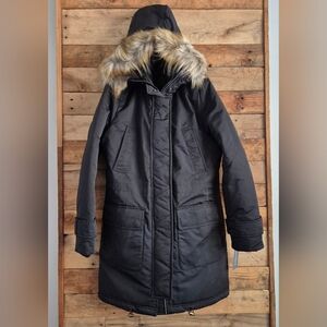 Parka with Faux Fur Hood Mid Length Winter Coat Charcoal Snow Ski Women's Small